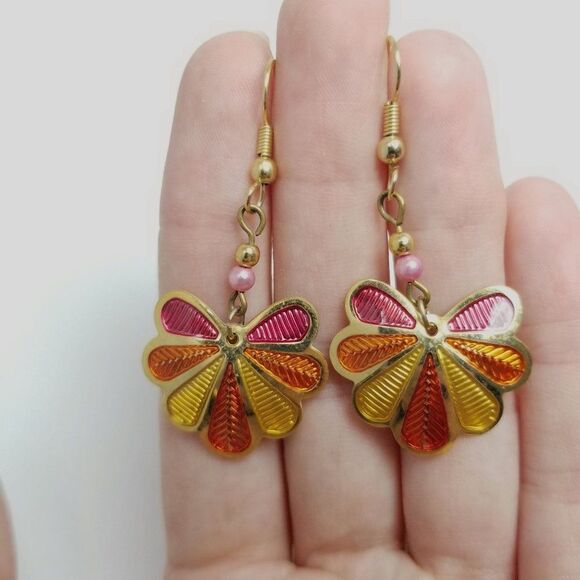 Vintage Berebi Bright Orange Yellow Pink Enamel Dangle Earrings, Colorful Retro - Picture 6 of 7